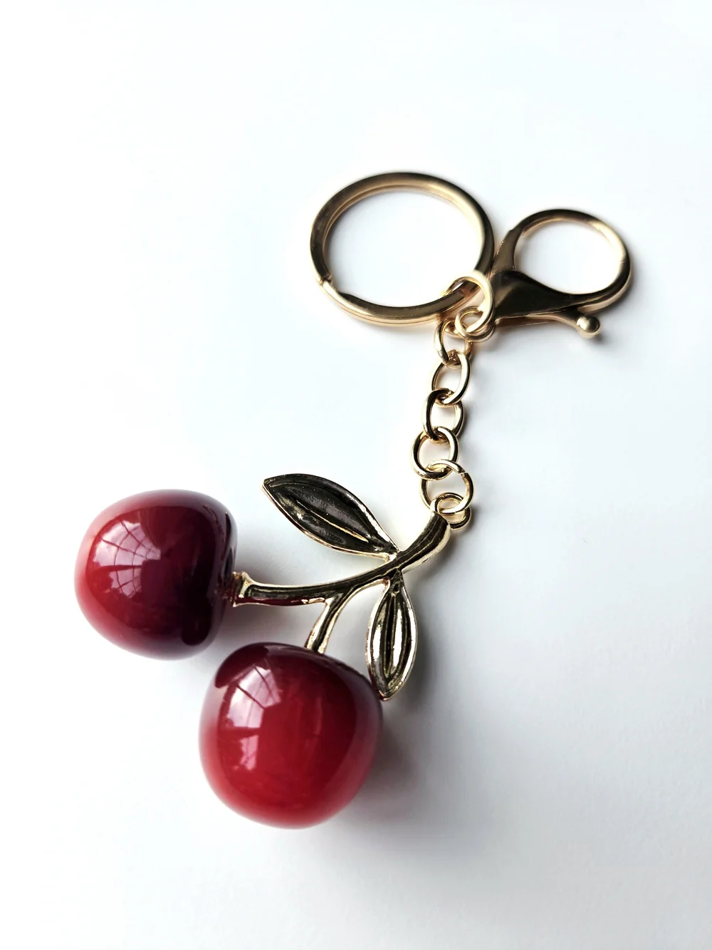 Resin Glossy Red Ombre Cherries Bag Charm Gold Keychain Hardware